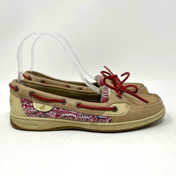 Sperry Top Sider Angelfish Boat Shoes Tan Sequin Red Womens 8‎ - Picture 1 of 8